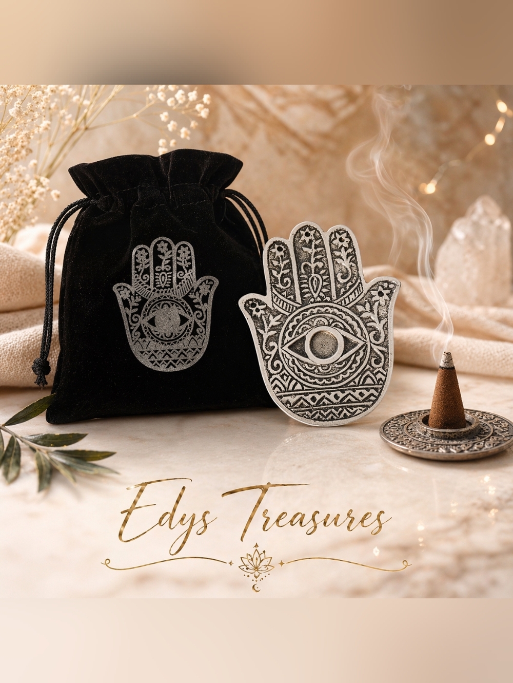 Hamsa Hand Incense & Cone Holder + Velvet Drawstring Bag NWOT